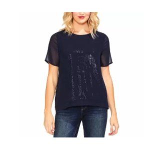 Vince Camuto Womens M Classic Navy Chiffon Overlay Sequin Pullover Blouse Top